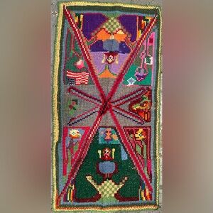 Primitive Crewel Work Rug Cross Stitch on burlap Antique Heirloom Art #0821241